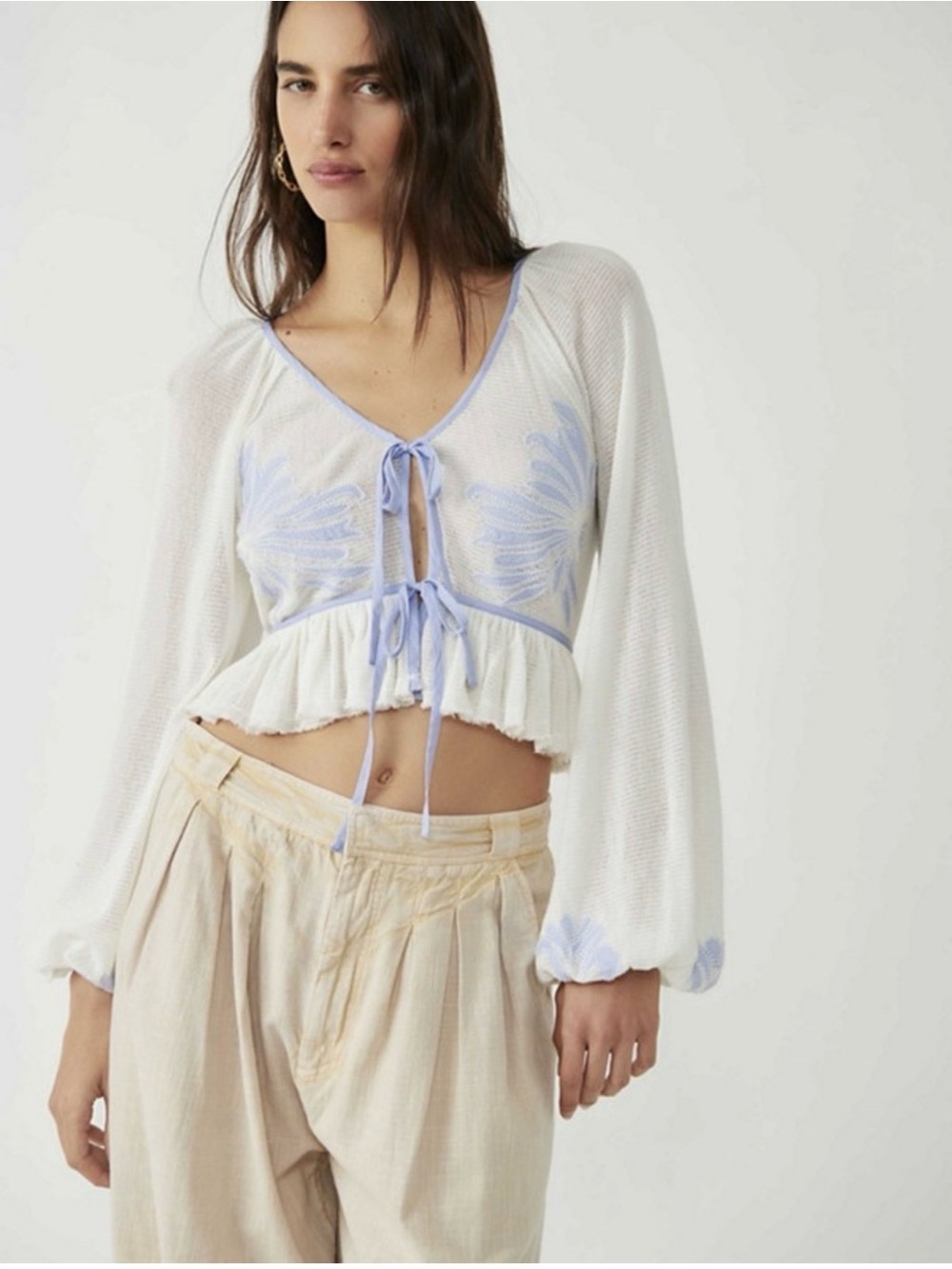 Free People White Cropped Tie-Front Top with Light Blue Trim